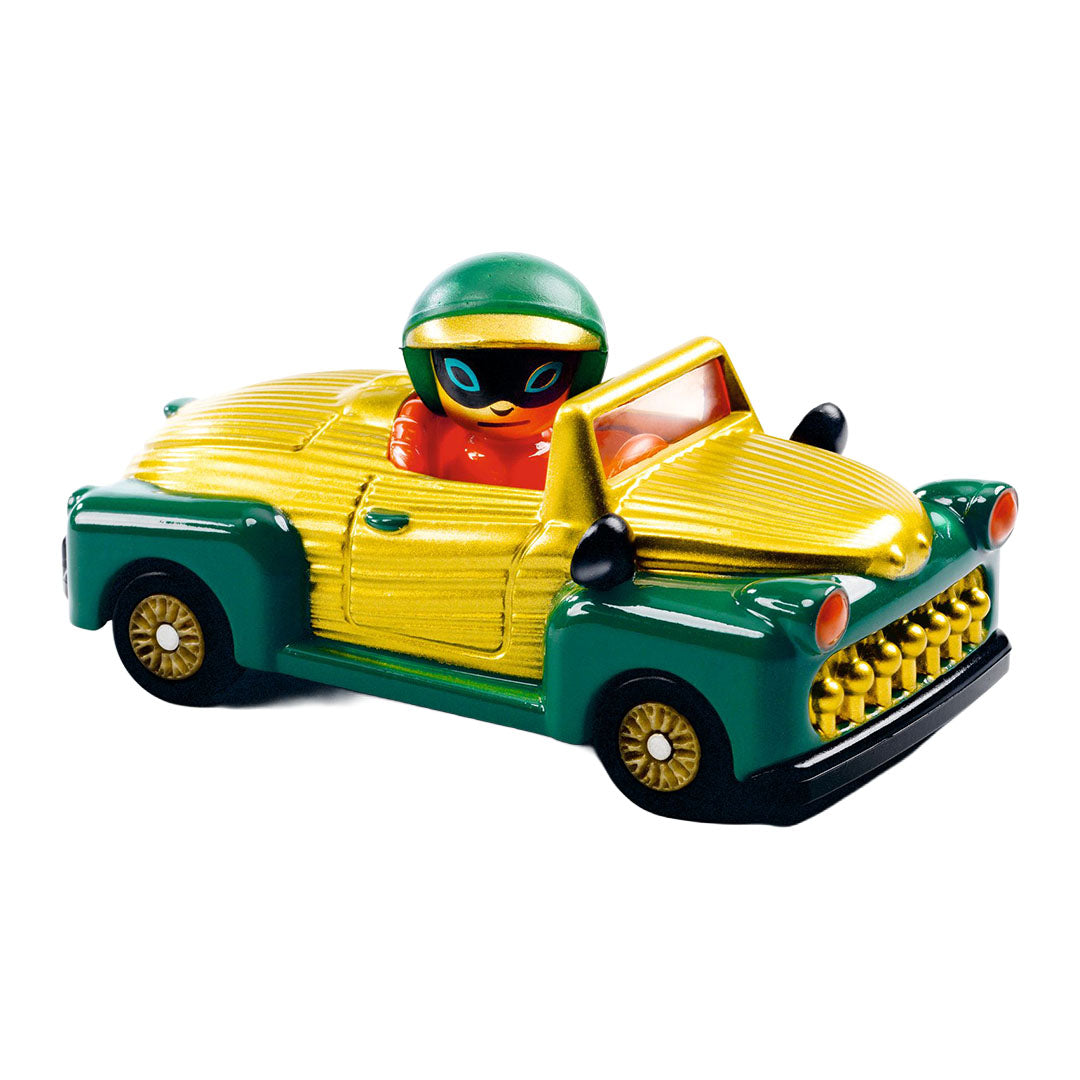 Djeco Crazy Motors Royal Scarab speelgoedauto, een groen-gouden cabrio met een coureur.