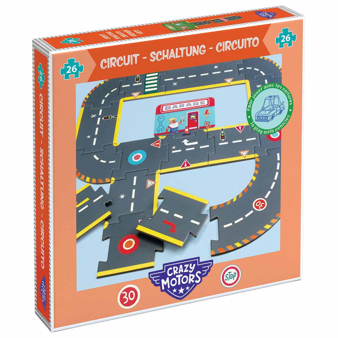 Verpakking van de Djeco Crazy Motors vloerpuzzel autoweg met een voorbeeld van de puzzel op de voorkant.