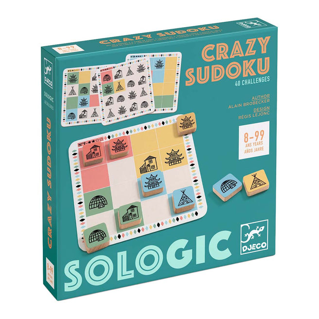 Djeco Crazy Sudoku bordspel verpakking met kleurrijke figuren.