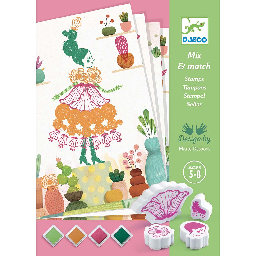 Djeco Mix & Match stempelset verpakking met een gestempeld bloemenmeisje, stempels en inktkussentjes.