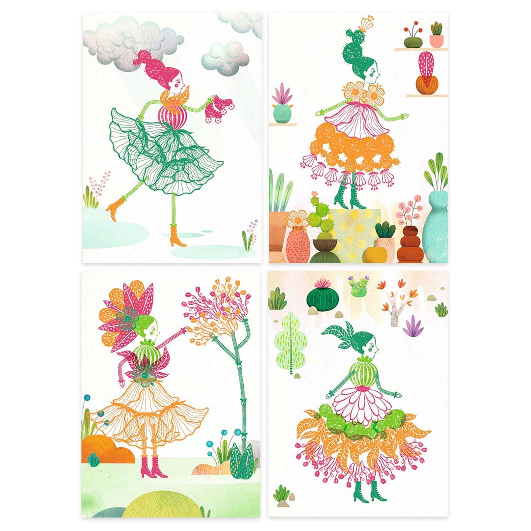 Vier voorbeelden van gestempelde bloemenmeisjes in verschillende scènes, gemaakt met de Djeco stempelset.