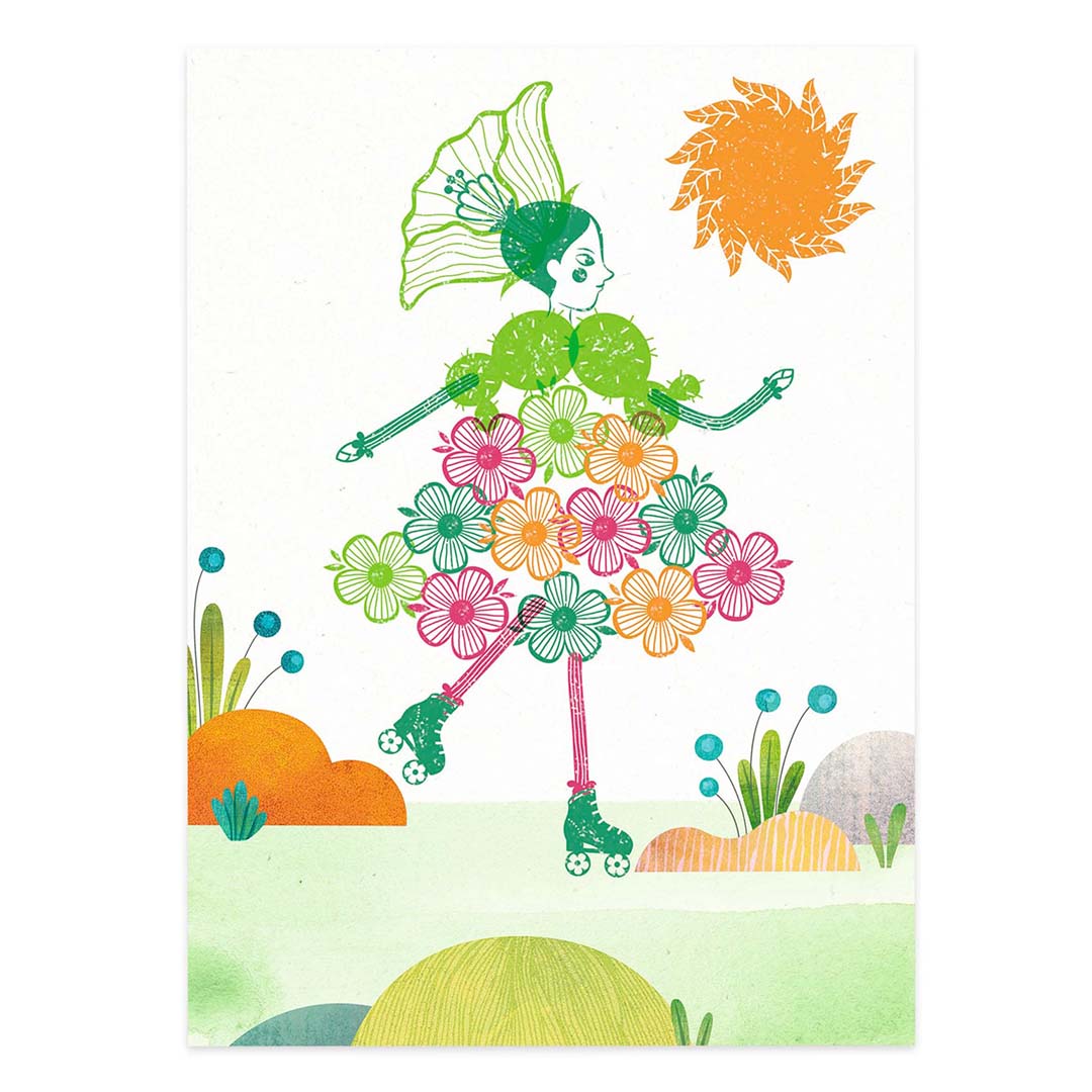 Een gestempeld bloemenmeisje op rolschaatsen in een kleurrijk landschap met een zon.