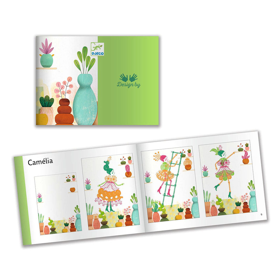 Een open instructieboekje van de Djeco stempelset met voorbeelden van gestempelde bloemenmeisjes.