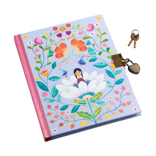 Djeco kinderdagboek met slot en sleutels, met een paarse kaft met bloemenpatroon en een meisje in een bloem.