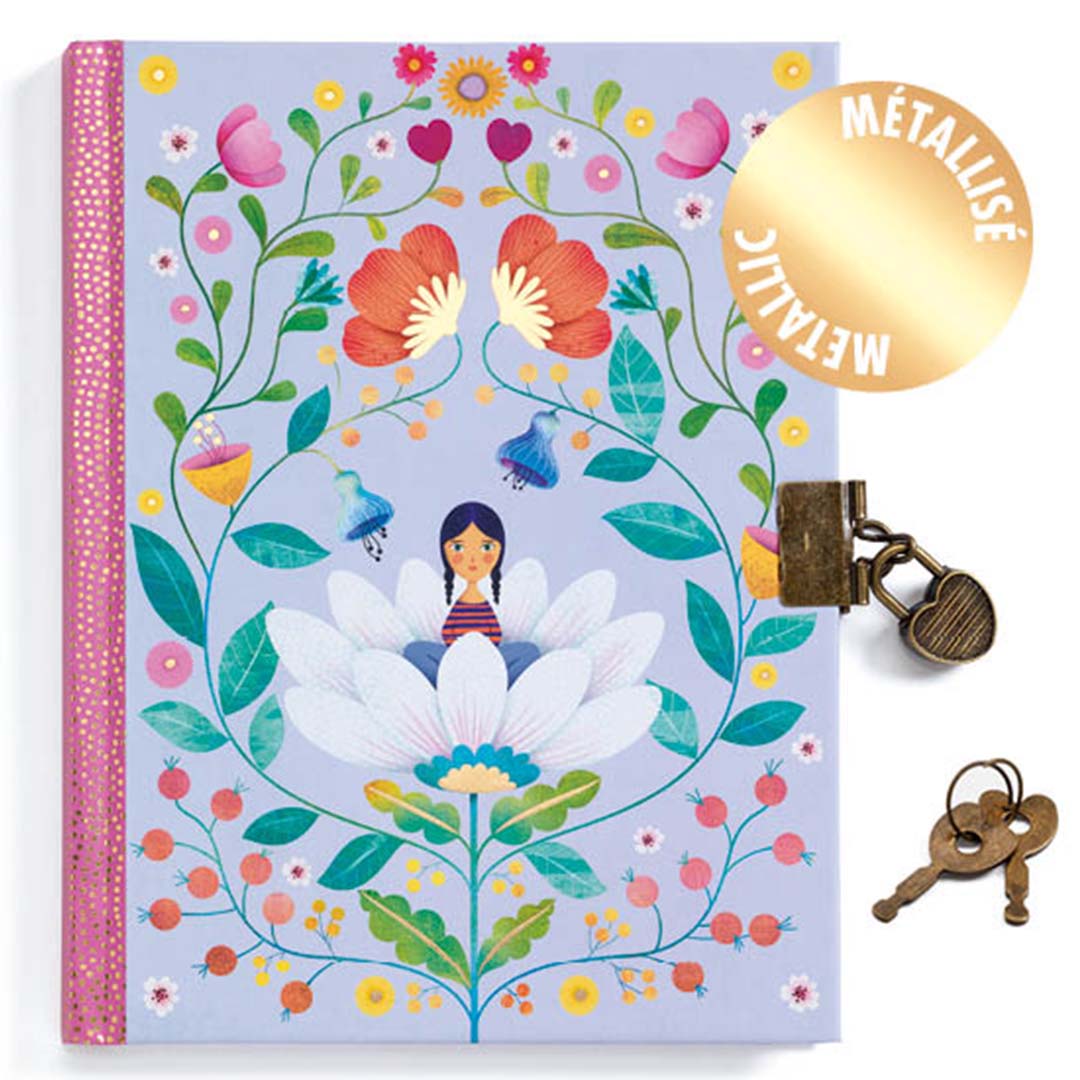 Djeco kinderdagboek met slot en sleutels, met een paarse kaft met bloemenpatroon en een metallic sticker.