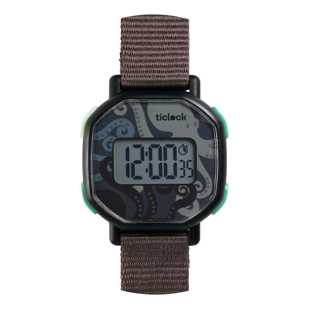 Djeco digitaal kinderhorloge met octopuspatroon en bruine stoffen band.