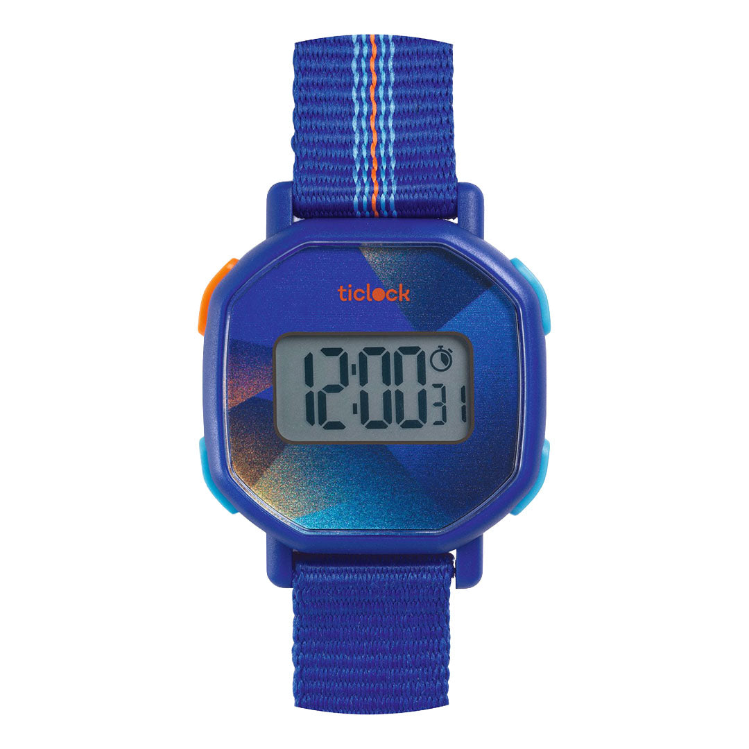 Djeco digitaal kinderhorloge met blauwe kast en stoffen band.