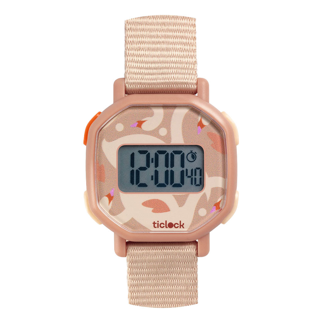 Djeco digitaal kinderhorloge met roze kast, stoffen band en een patroon van 'poetic swans'.