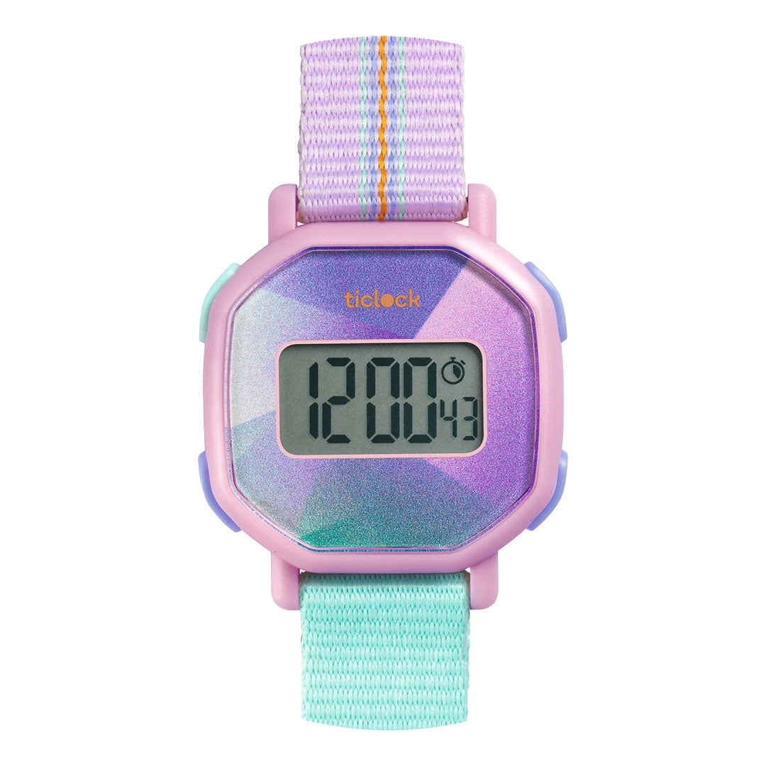 Djeco digitaal kinderhorloge met paars prisma-effect en gestreepte band.