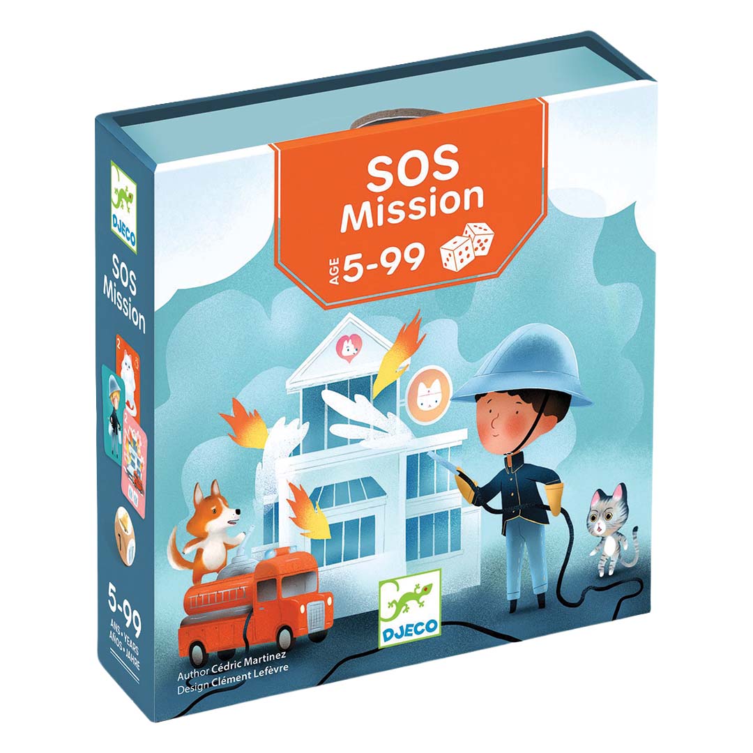 Djeco dobbelspel SOS Mission verpakking met brandweerman, vos en kat bij een brandend gebouw.