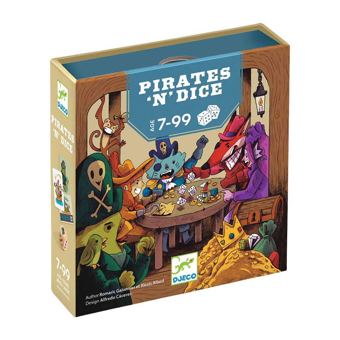 Djeco dobbelspel Pirates 'N' Dice verpakking met illustratie van piratenfiguren.