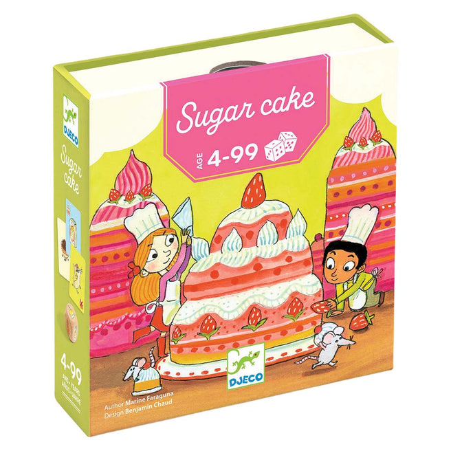 Djeco Sugar Cake dobbelspel verpakking met illustratie van kinderen die een taart versieren.