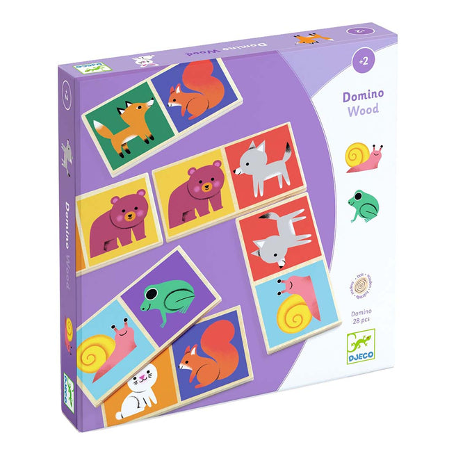 Verpakking van het Djeco houten dominospel met dierenafbeeldingen.