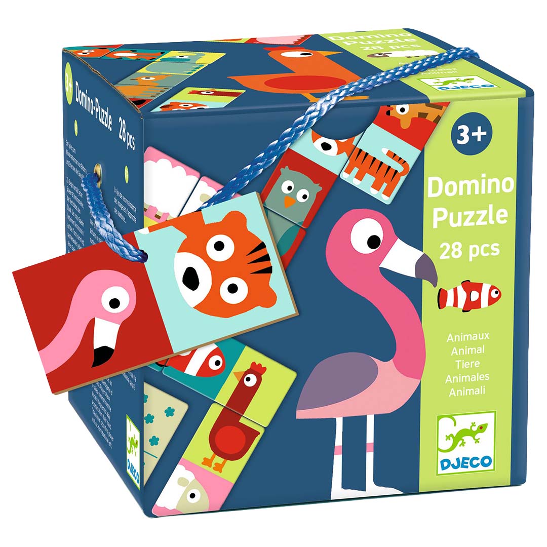 Djeco Domino Puzzle 28 stuks dieren speelgoedverpakking met flamingo en tijger.