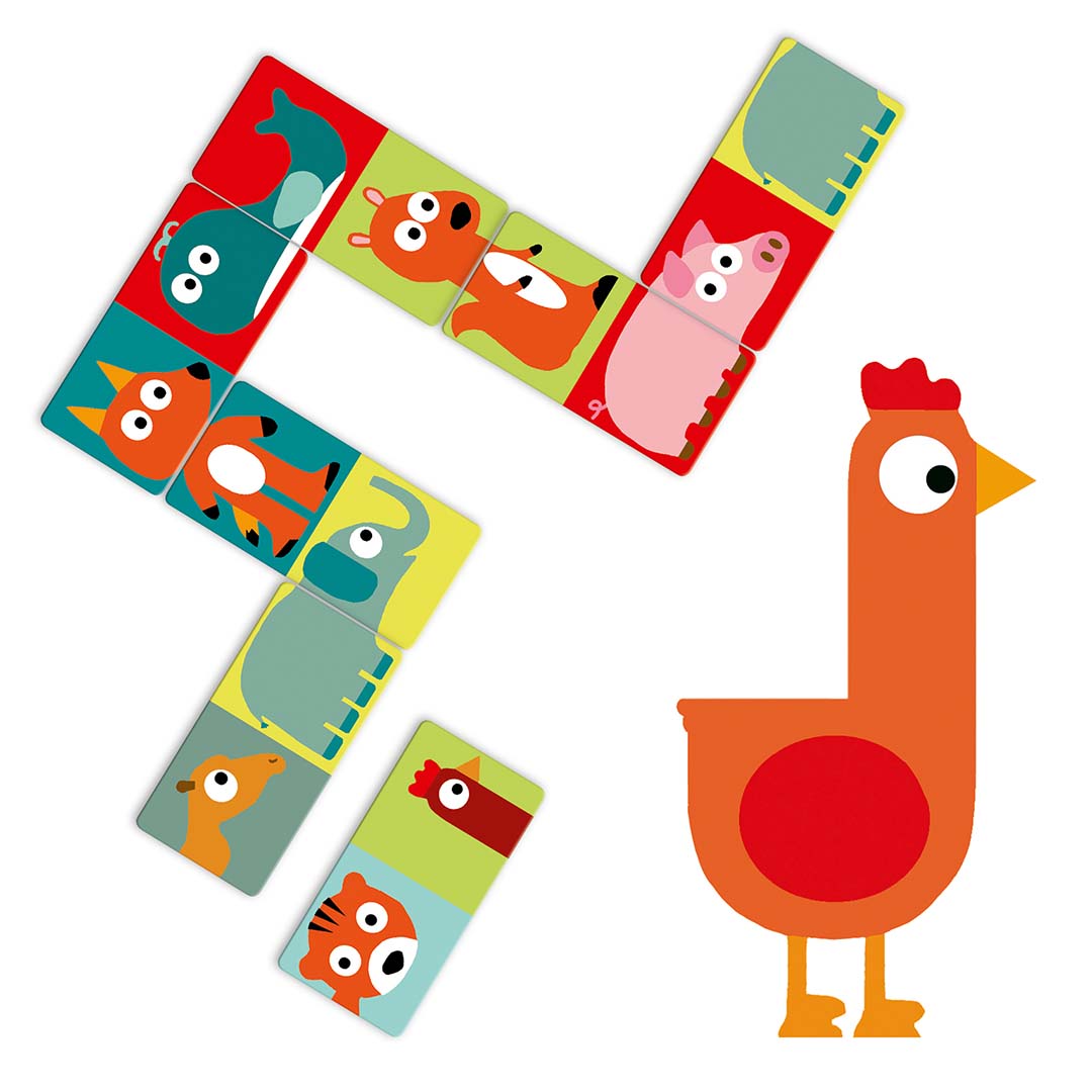 Djeco domino dieren puzzelstukken met diverse dierenfiguren, deels gelegd, en een losse kip.