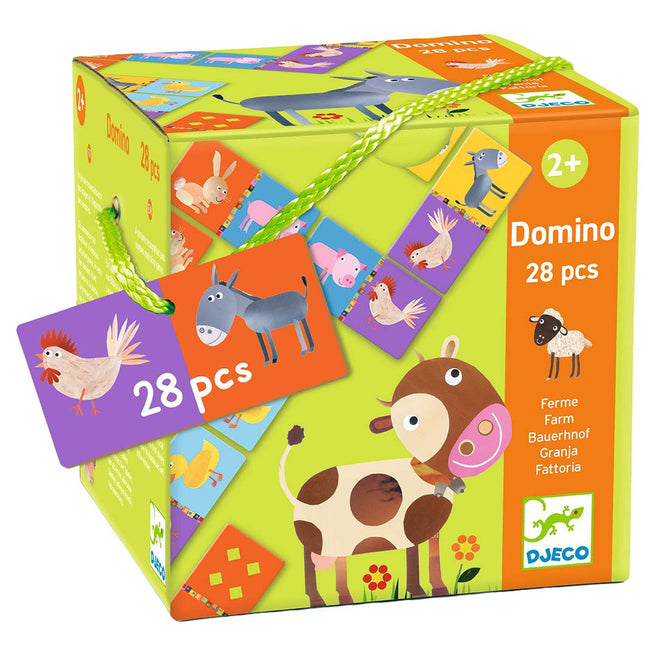 Djeco dominospel boerderij met dieren op de verpakking, geschikt voor kinderen vanaf 2 jaar.