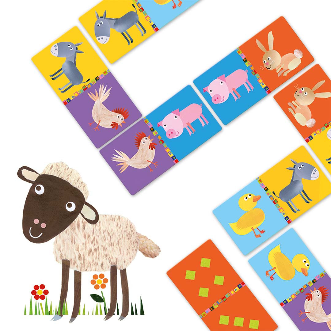 Dominostenen met kleurrijke boerderijdieren zoals een ezel, kip, varken en konijn, met een schaap op de voorgrond.