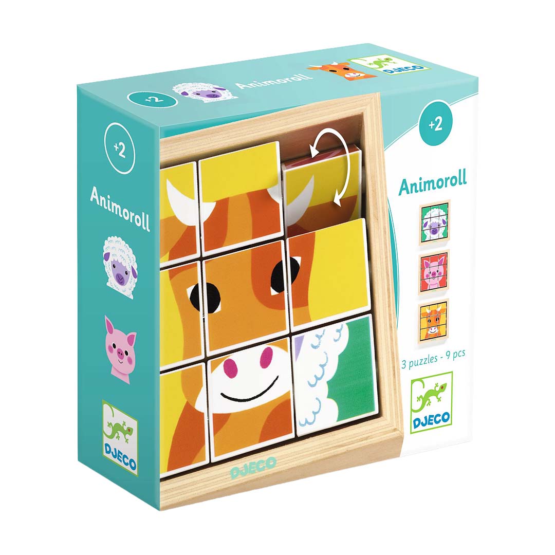 Djeco Animoroll draaipuzzel voor kinderen vanaf 2 jaar, met een koeiengezicht op de houten blokken in de verpakking.