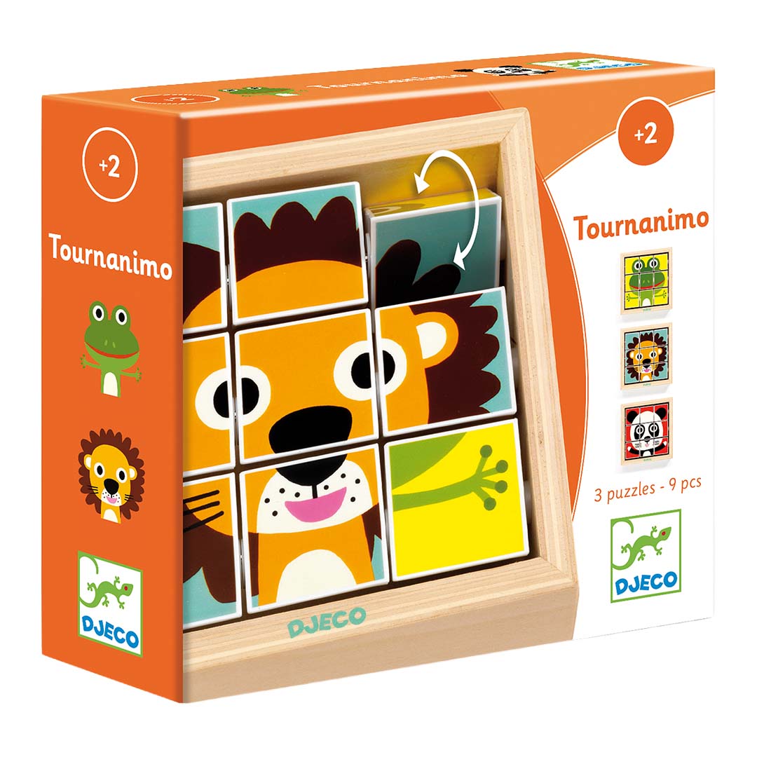 Djeco Tournanimo draaipuzzel met dieren, getoond op de oranje productverpakking.