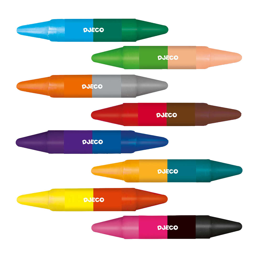 Acht DJECO dubbele wascokrijtjes, elk met twee verschillende kleuren.