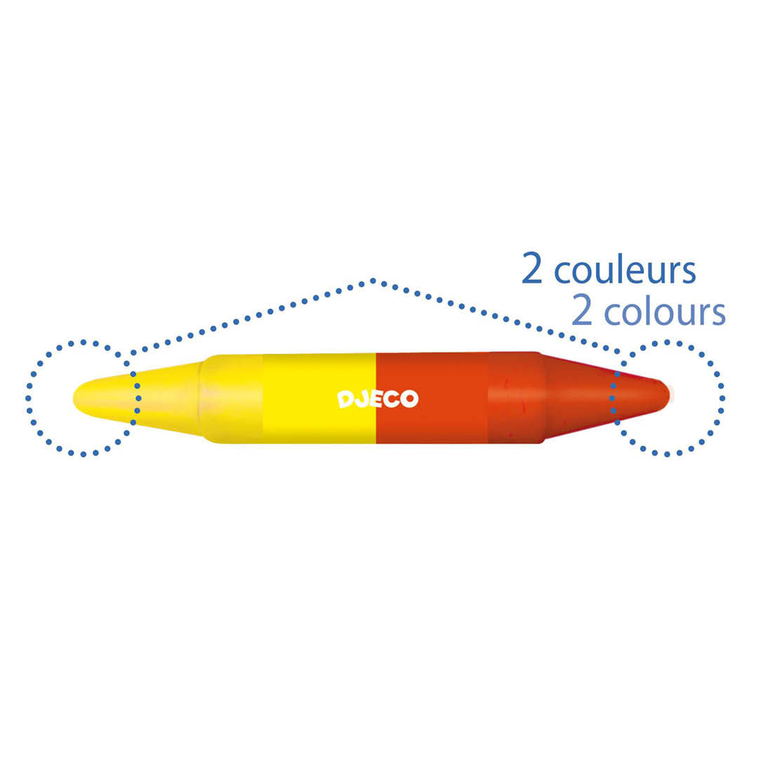 Infographic van een DJECO dubbel wascokrijtje in geel en rood, met de tekst '2 couleurs'.