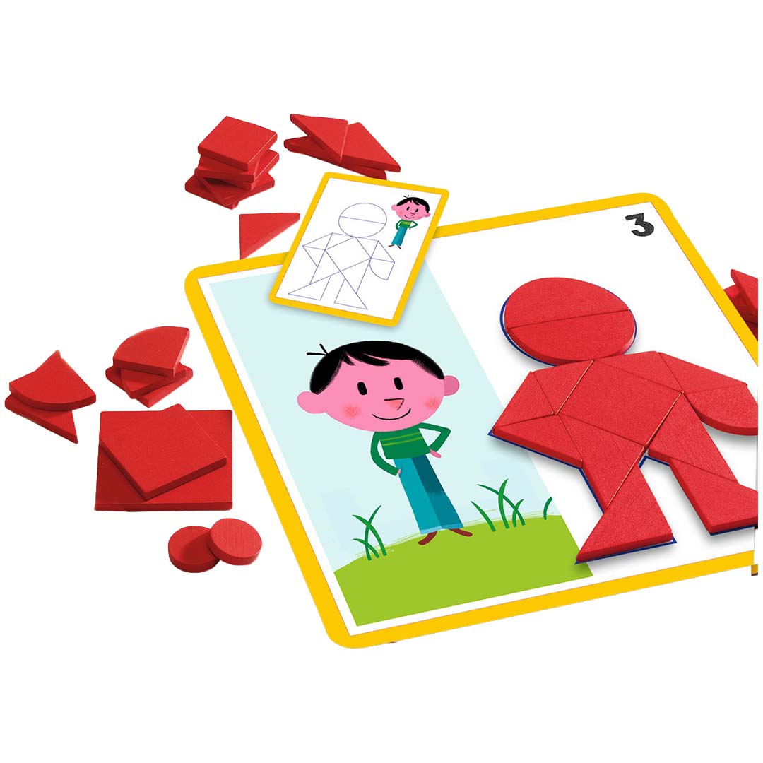 Rode geometrische houten puzzelstukken vormen een figuur van een kind op een speelkaart.