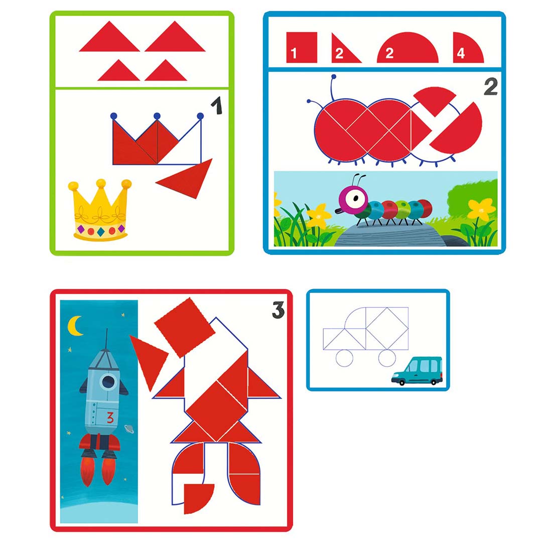 Vier voorbeeldkaarten van het Djeco tangram spel met figuren zoals een kroon, rups, raket en auto, gemaakt van rode geometrische vormen.