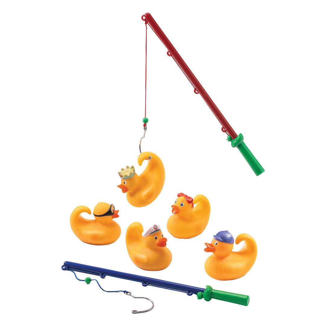Djeco badspeelgoed met vijf gele eendjes en twee vishengels, waarvan één eendje aan de rode hengel hangt.