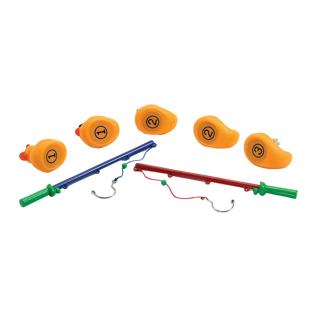 Djeco badspeelgoed met vijf gele eendjes die nummers op de onderkant tonen, naast twee vishengels.