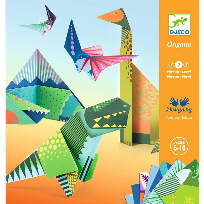 Djeco origami set voor kinderen met dinosaurussen en bergen afgebeeld op de verpakking.