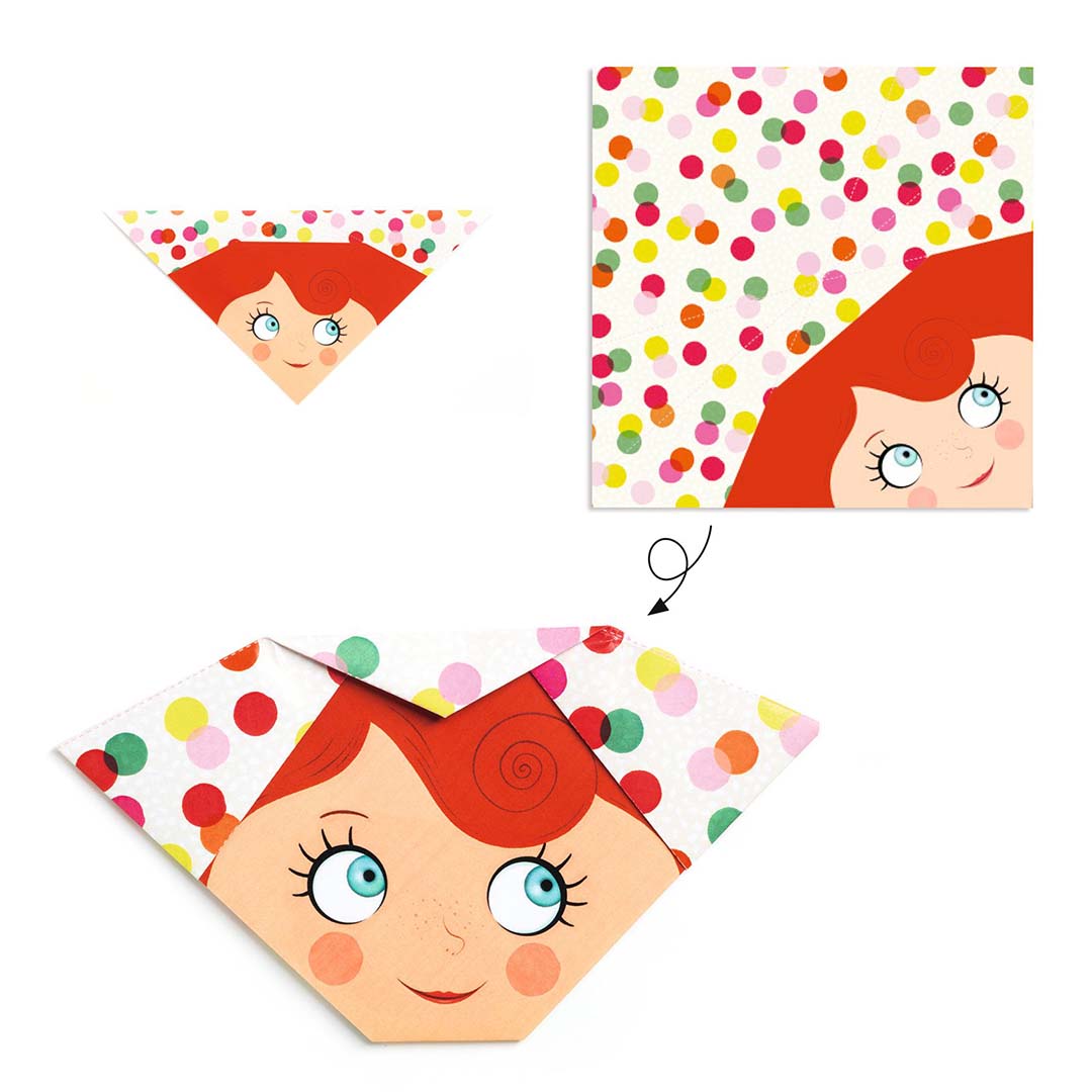 Infographic met de stappen voor het vouwen van een origami gezichtje met rood haar.