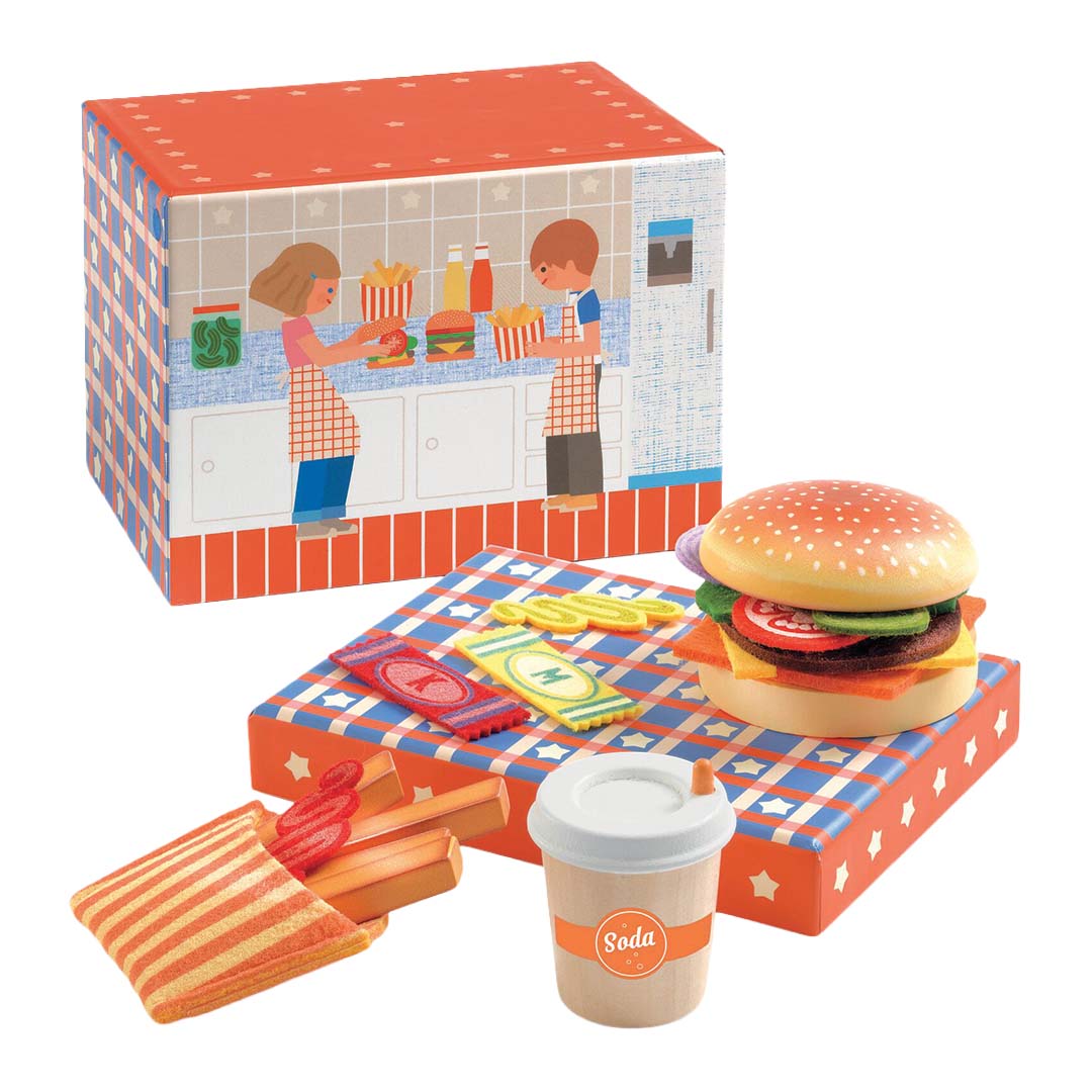 Djeco speelgoed fastfood set met een kartonnen keuken, een hamburger, frietjes en een frisdrankbeker.