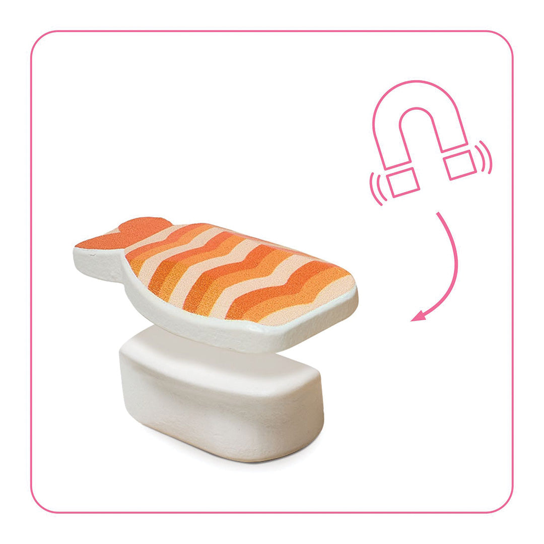 Infographic van een magnetisch speelgoed sushi stukje dat uit twee delen bestaat.