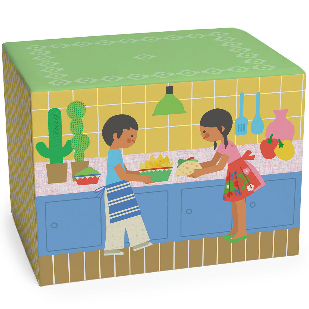 De verpakking van de Djeco speelset met een illustratie van twee kinderen die Mexicaans eten bereiden in een keuken.