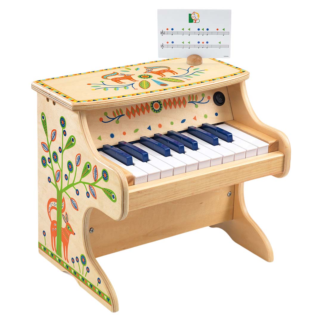 Djeco elektronische piano met kleurrijke dier- en bladpatronen en een muziekvel met gekleurde noten.