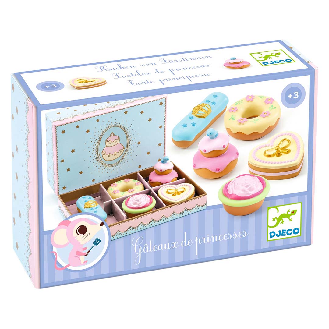 De verpakking van de Djeco prinsessen speelgoedgebakjes, met een afbeelding van de inhoud.