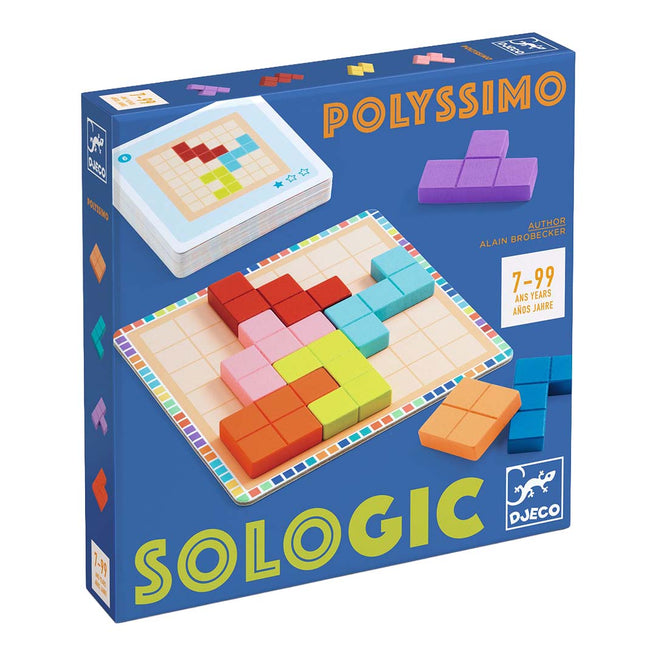 De verpakking van het Djeco Polyssimo geduldspel met kleurrijke geometrische puzzelstukken en een speelbord.