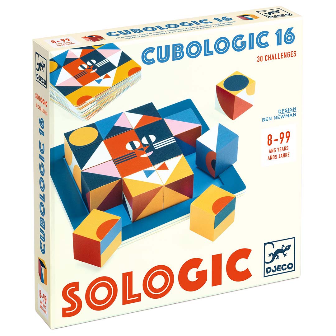 Djeco Sologic Cubologic 16 geduldspel verpakking met een geometrisch kattengezicht patroon.