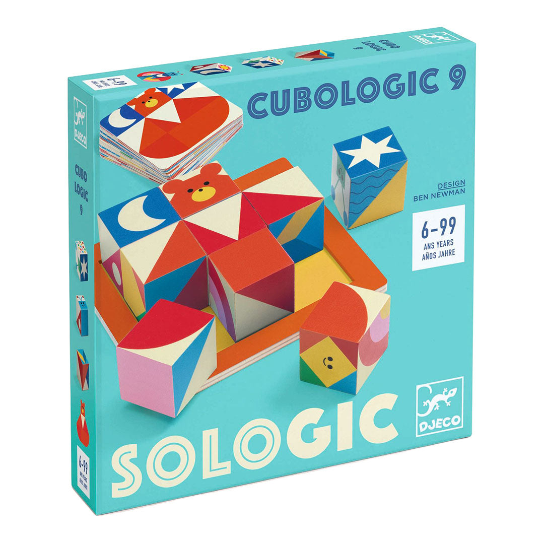 Djeco Sologic Cubologic 9 geduldspel verpakking met geometrische blokken en dierenpatronen.