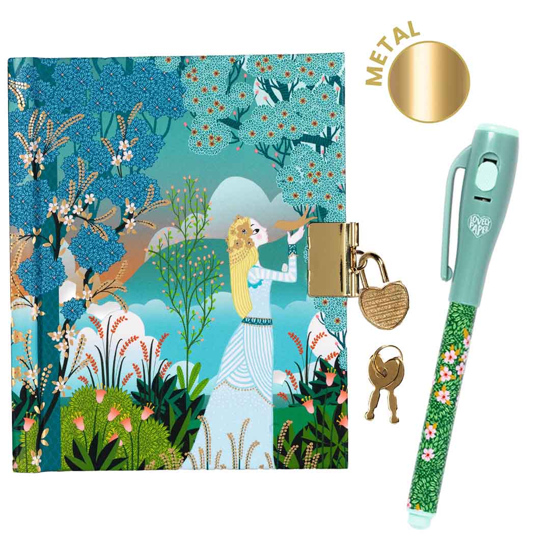 Djeco geheim dagboek met een illustratie van een prinses in een bos, een hartvormig slot, sleutels en een magische pen.