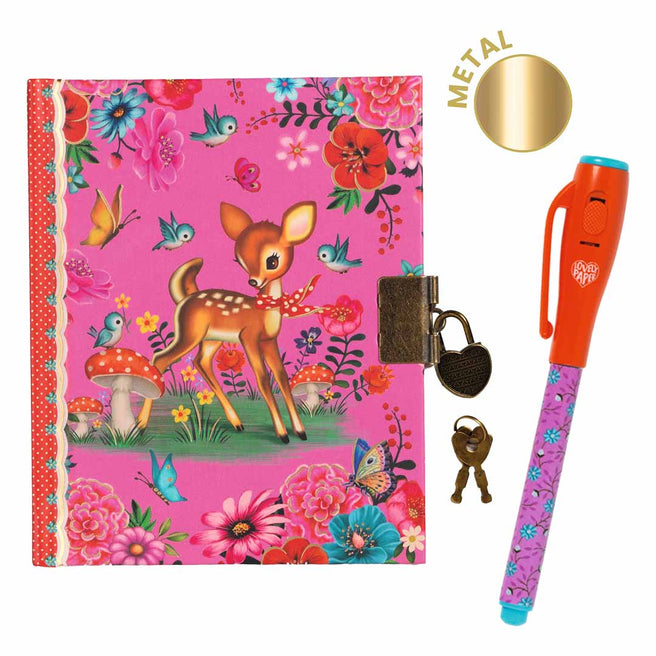 Djeco geheim dagboek met roze kaft met hertje, bloemen en vogels, een hartvormig slotje met sleutels en een magische pen.