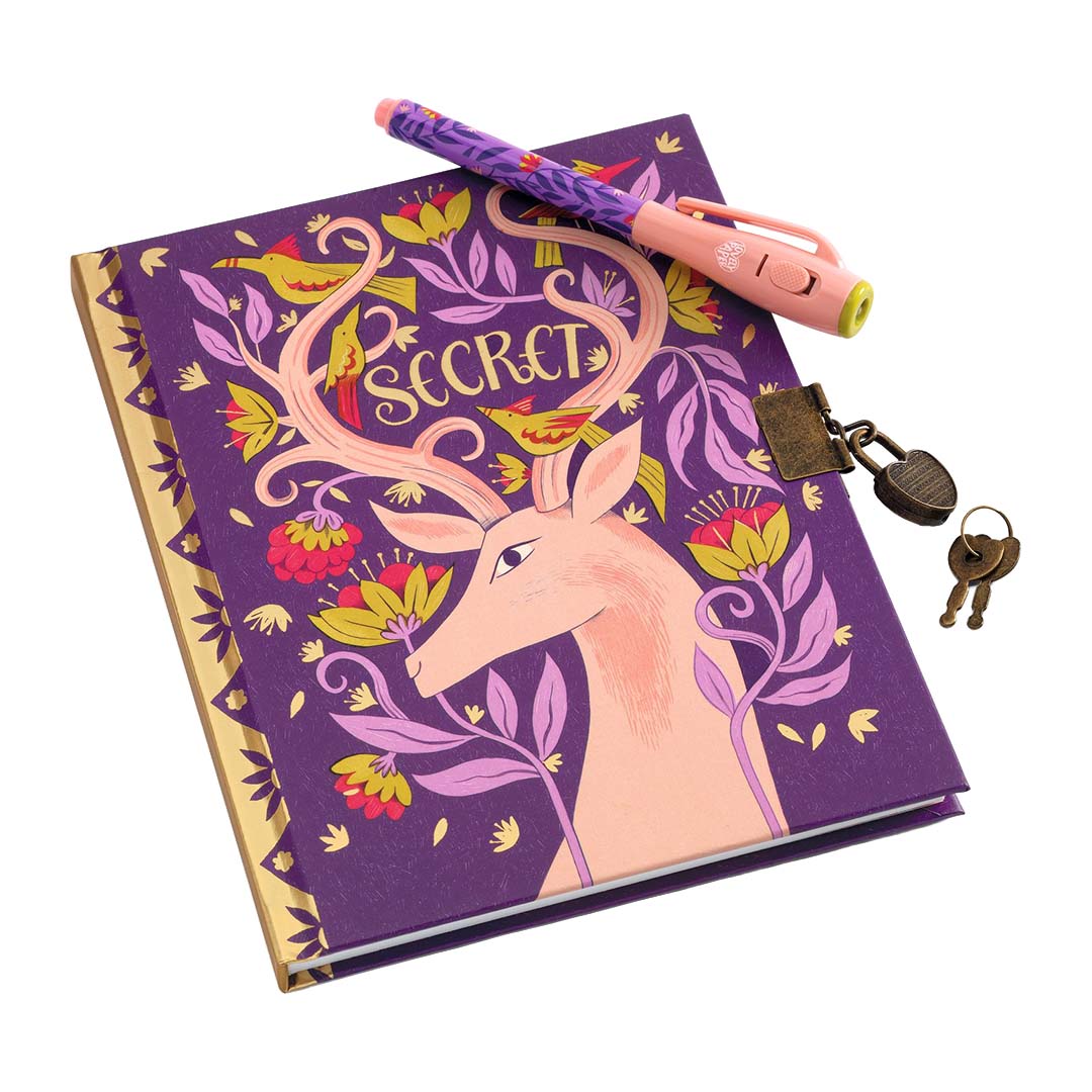 Djeco geheim dagboek met paarse kaft, hert, vogels en bloemen, met de magische pen en het slotje.