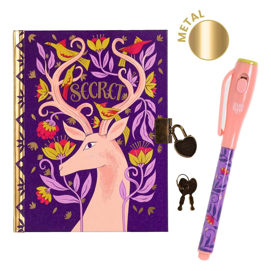 Djeco geheim dagboek met paarse kaft, hert, vogels en bloemen, inclusief slotje, sleutels en roze magische pen.