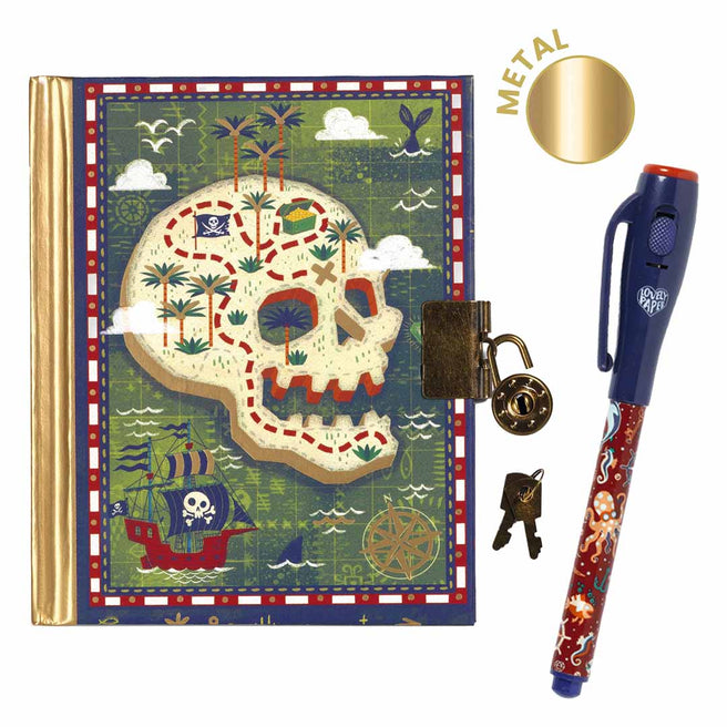 Djeco geheim dagboek met piratenthema, een magische pen, hangslot en sleutels.