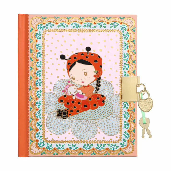 Djeco kinderdagboek met een meisje verkleed als lieveheersbeestje op de voorkant, inclusief slotje en sleutels.