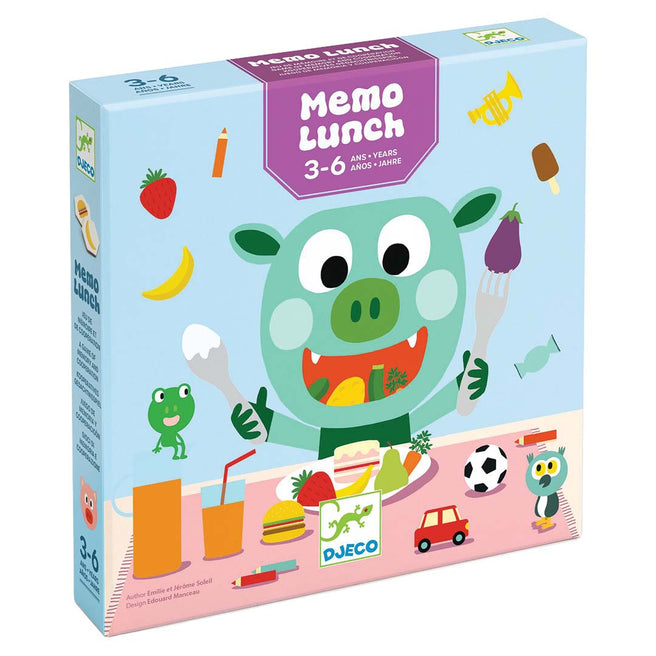 Djeco Memo Lunch geheugenspel verpakking met een groen monster en diverse illustraties.