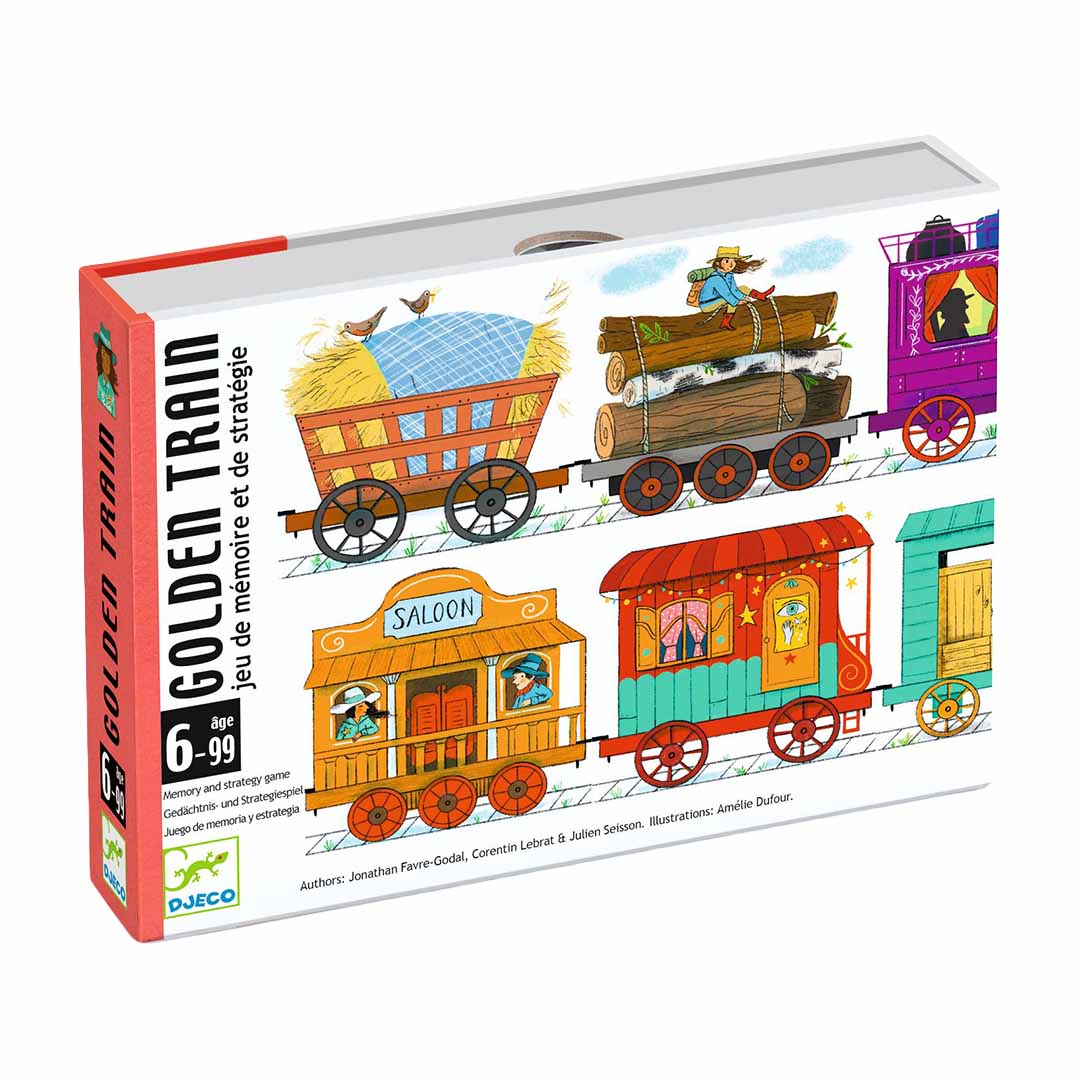 Djeco geheugen- en strategiespel Golden Train verpakking met illustraties van kleurrijke treinwagons.