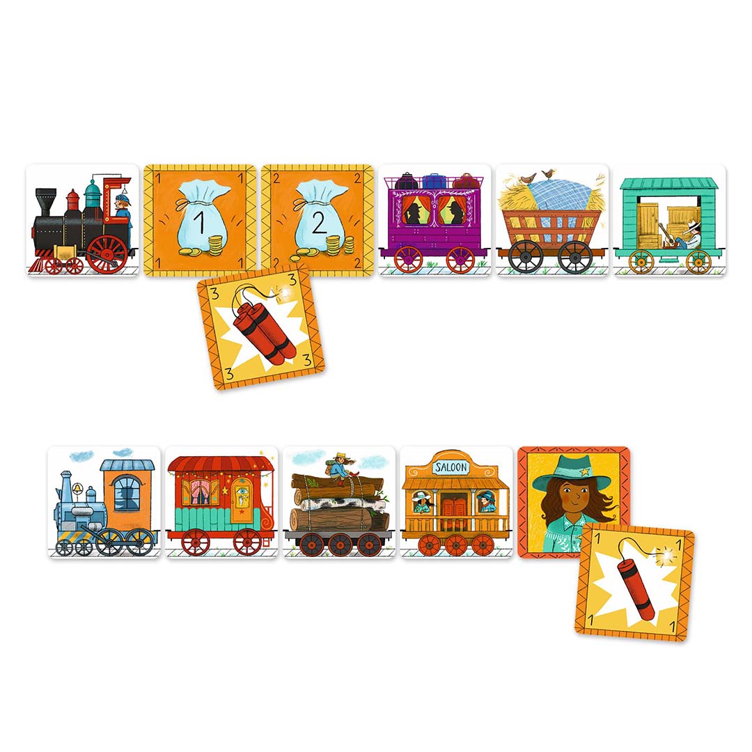 Uitgestalde speelkaarten van het Golden Train geheugen- en strategiespel met afbeeldingen van treinen, wagons en dynamiet.