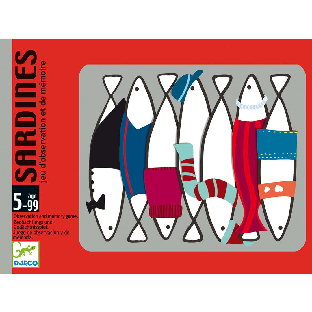 Voorkant van de Djeco Sardines geheugenspel verpakking met illustratie van zes verklede vissen.
