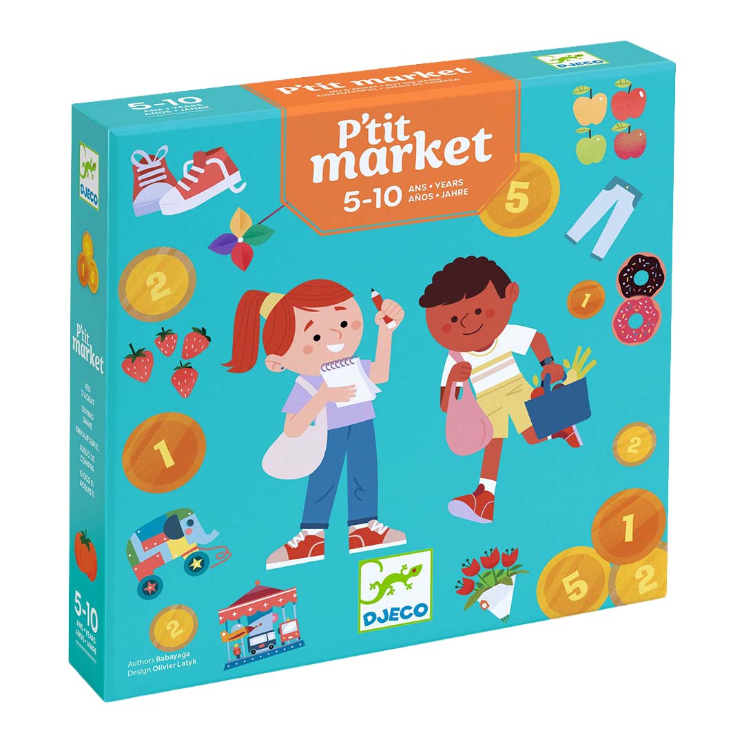 Djeco P'tit Market bordspelverpakking met illustraties van kinderen die winkelen en munten.
